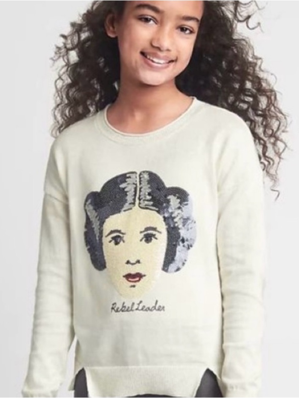 Gap Star Wars Cream Kids Sequin Princess Leia Crewneck Sweater size Large